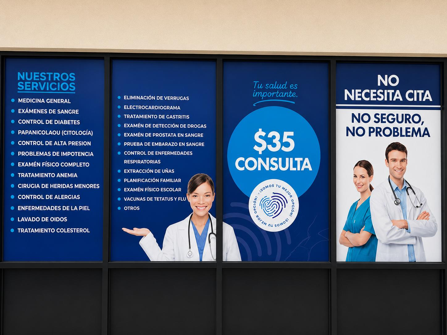 Fachada de la clínica con la lista de servicios y consulta desde $35